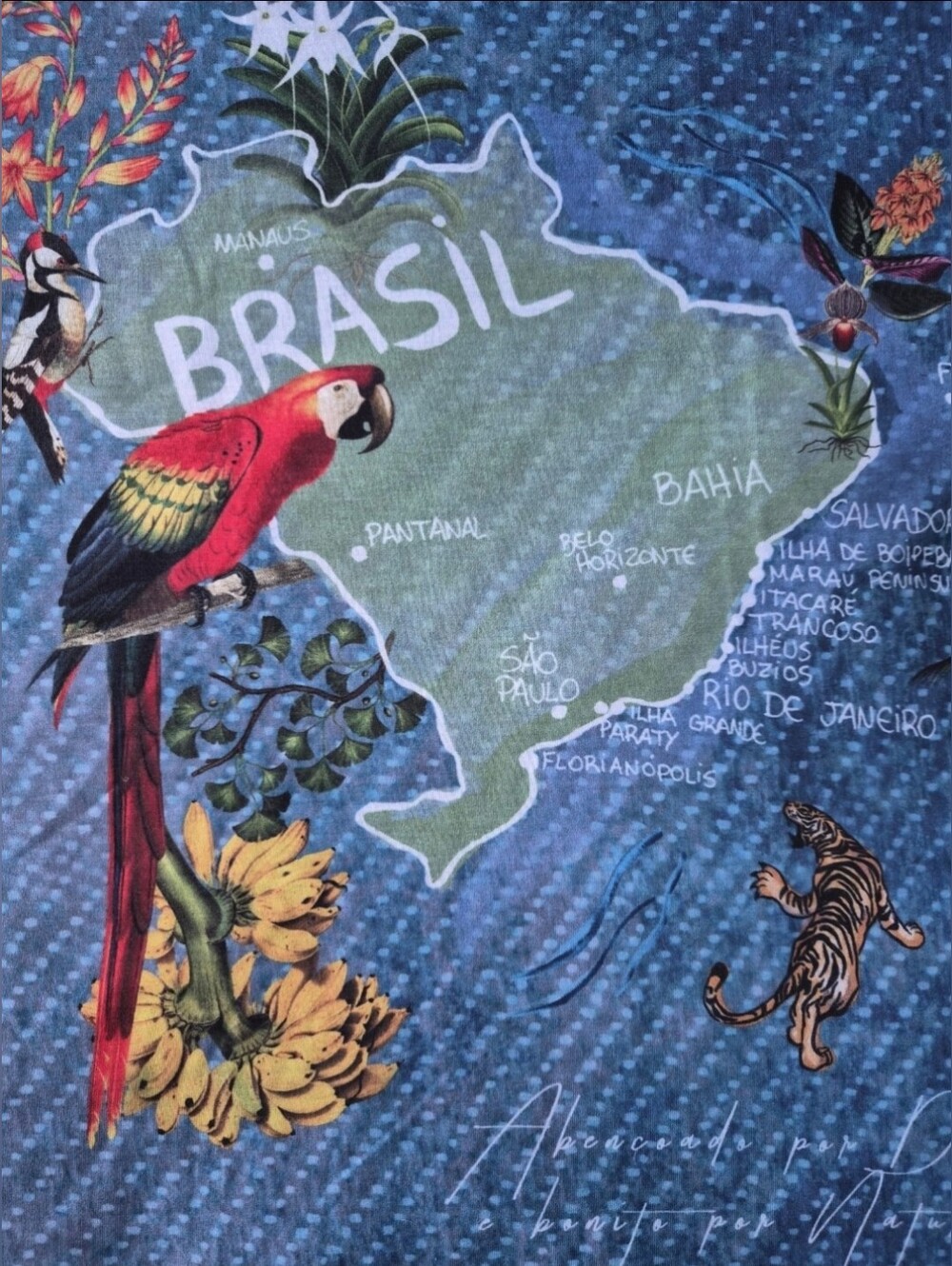 NWT Brazil Eco-Friendly Tee - Tropical Map & Wildlife Print Energia Natural